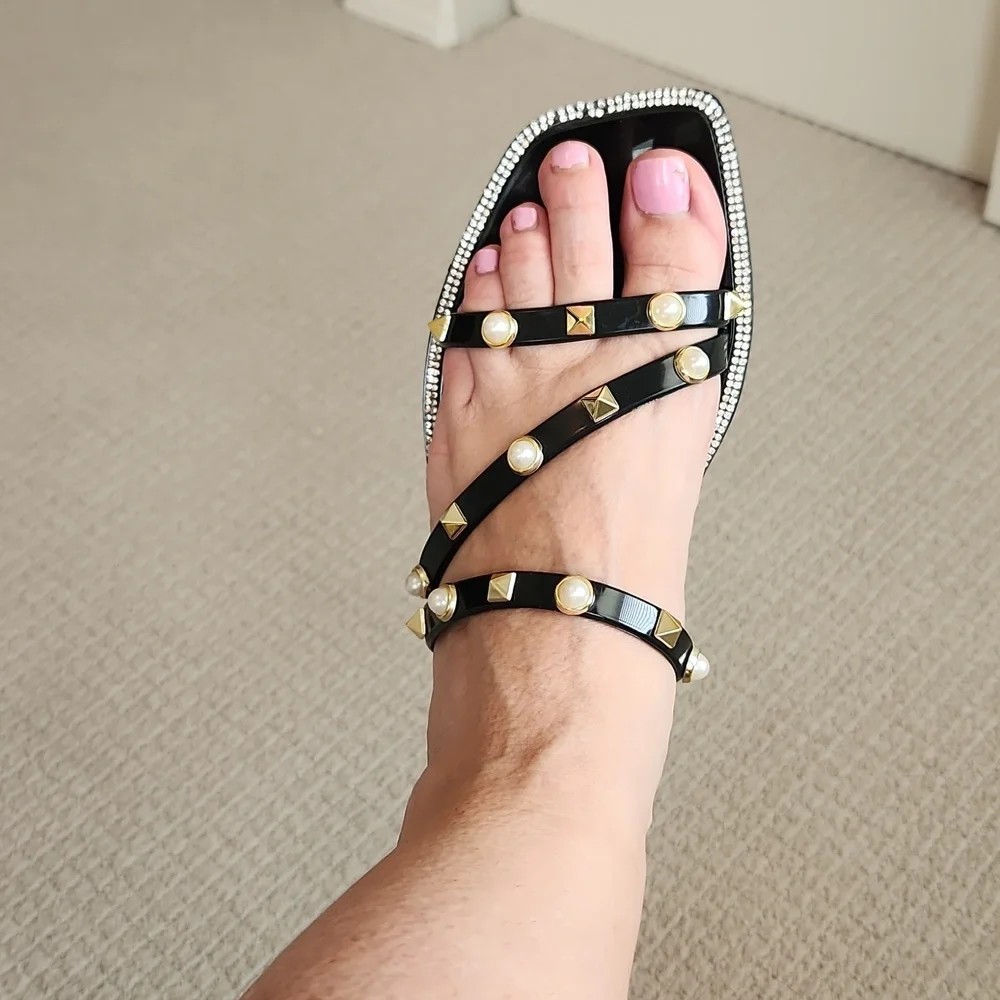 Steve Madden Black and Gold Sandals with Studded Straps - Picture 3 of 4
